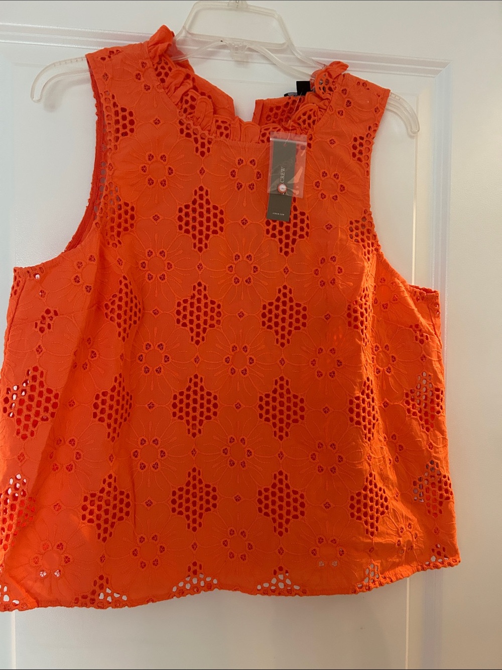 J. Crew Bright Orange Eyelet Ruffle Neck Sleeveless Top